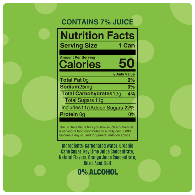 virgin lime margarita nutrition facts showing 50 calories, 7% juice, and 0% alcohol on a green background