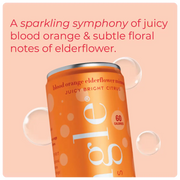 Non-alcoholic orange mimosa can with blood orange and elderflower flavor, highlighted by bubbles & a calorie count of 60