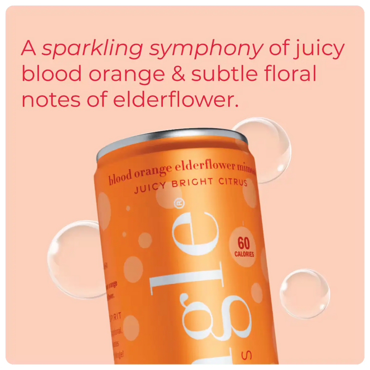 Non-alcoholic orange mimosa can with blood orange and elderflower flavor, highlighted by bubbles & a calorie count of 60