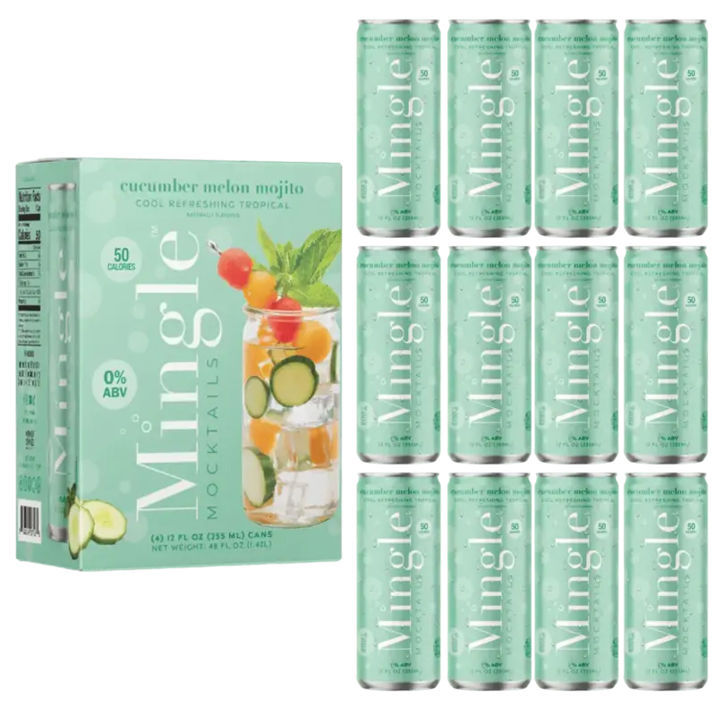 non alcoholic mojito cocktail pack with cucumber melon flavor, featuring a box and twelve cans labeled 0% ABV and 50 calories