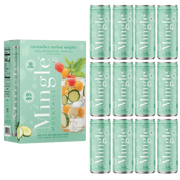 non alcoholic mojito cocktail pack with cucumber melon flavor, featuring a box and twelve cans labeled 0% ABV and 50 calories