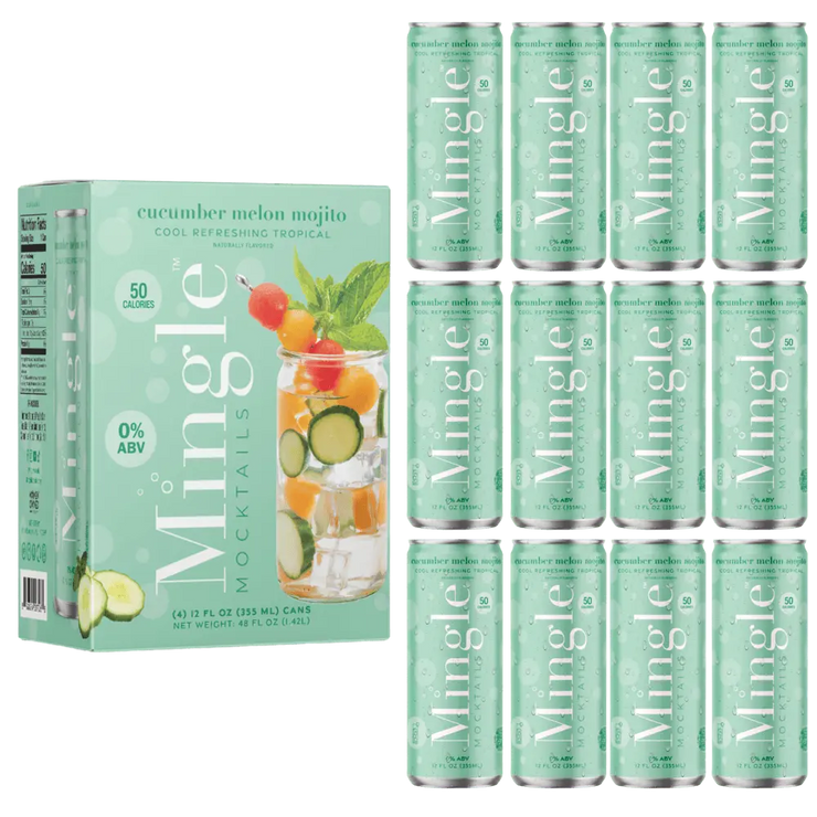 non alcoholic mojito cocktail pack with cucumber melon flavor, featuring a box and twelve cans labeled 0% ABV and 50 calories