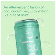 non alcoholic cucumber mojito can feature cool cucumber, melon, & mint flavors with 50 calories on a green background