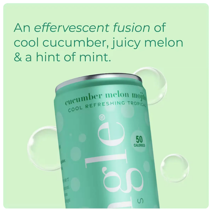 non alcoholic cucumber mojito can feature cool cucumber, melon, & mint flavors with 50 calories on a green background