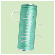 cucumber mojito mocktail can in a green design with bubbles labeled 0% ABV & 50 calories