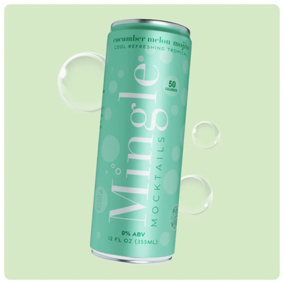 cucumber mojito mocktail can in a green design with bubbles labeled 0% ABV & 50 calories