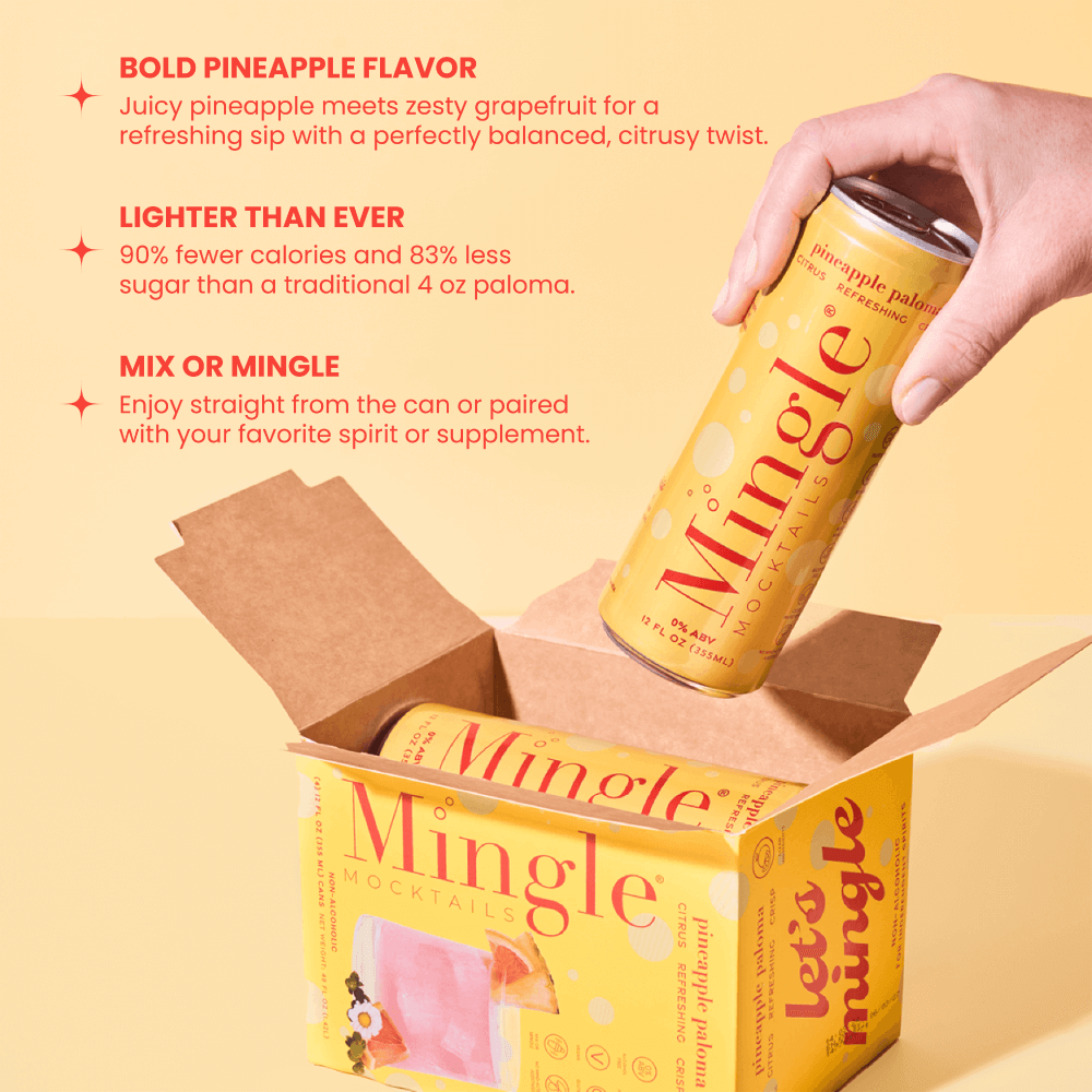 Mingle Mocktails New Pineapple Paloma, low calorie and low sugar, gluten free, vegan and kosher. Flexibly mixable and bold flavors.