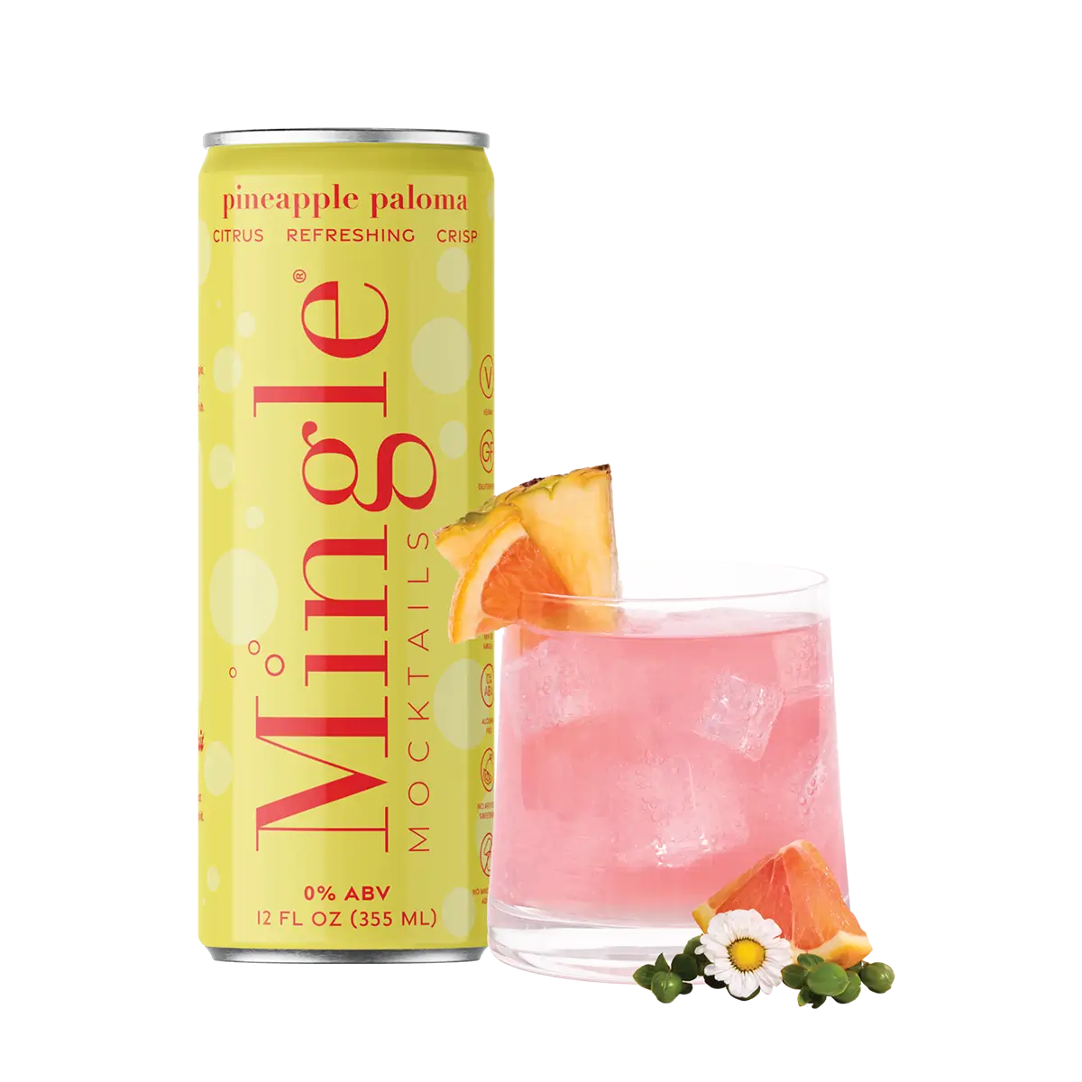 Mingle Mocktails Pineapple Paloma can alongside a pink cocktail in a glass with ice, garnished with a pineapple wedge, grapefruit slice, and small white flowers. The can is yellow with red text highlighting 