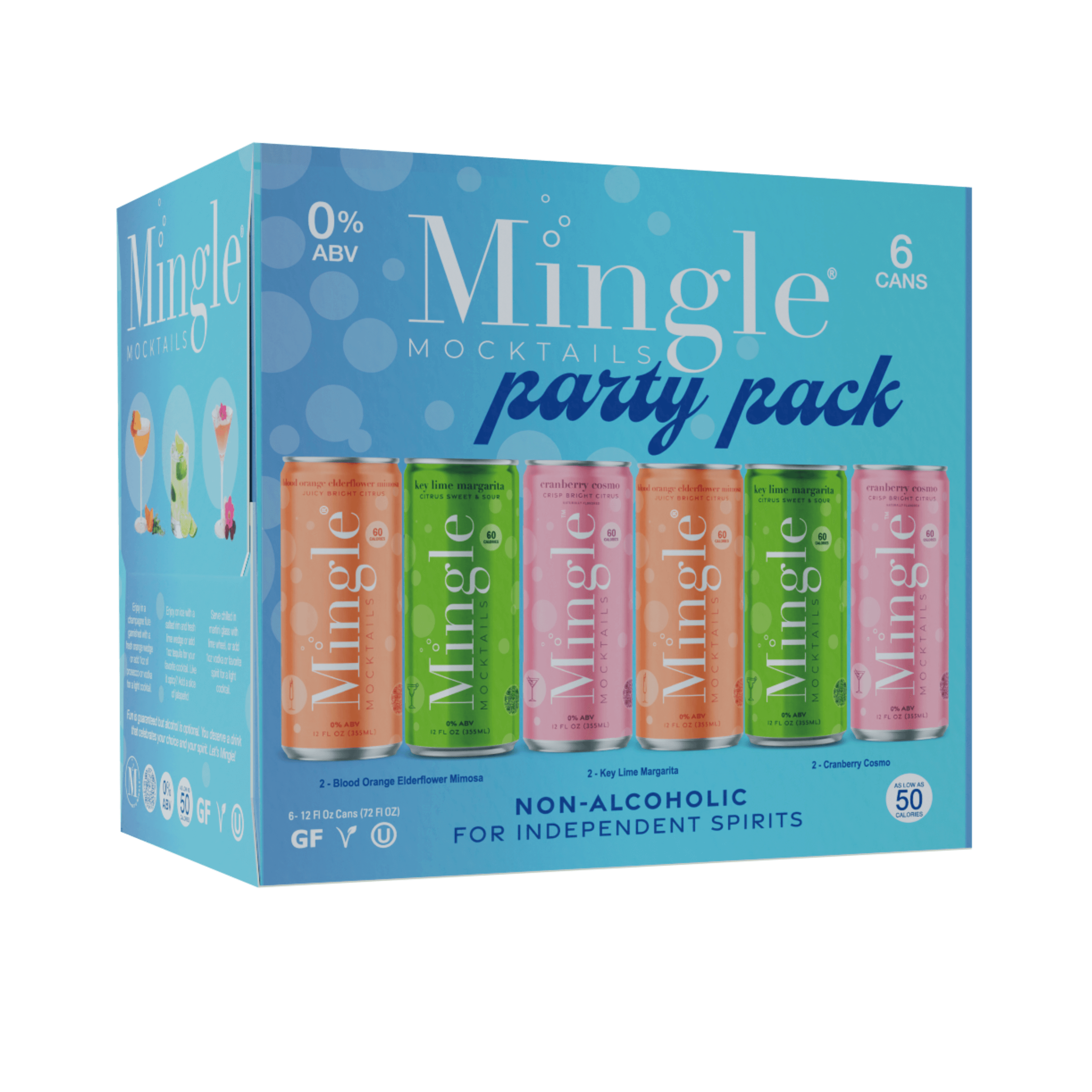 Mingle Mocktails Party Pack featuring six non-alcoholic drink cans in assorted flavors with a vibrant blue box design