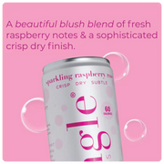 raspberry mocktail can labeled "sparkling raspberry rosé" with a blush blend description, highlighting a crisp, dry finish on a pink background