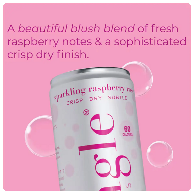 raspberry mocktail can labeled "sparkling raspberry rosé" with a blush blend description, highlighting a crisp, dry finish on a pink background