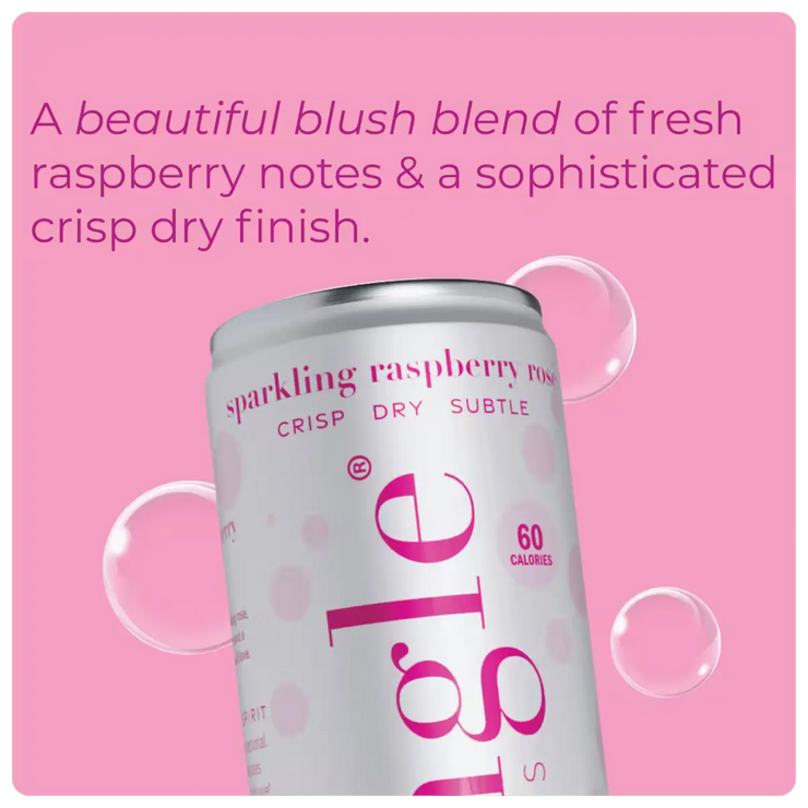 raspberry mocktail can labeled "sparkling raspberry rosé" with a blush blend description, highlighting a crisp, dry finish on a pink background