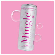 rosé mocktails with raspberry flavor in a sleek white can, labeled 0% ABV & 60 calories on a pink background