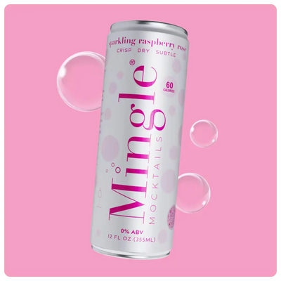 rosé mocktails with raspberry flavor in a sleek white can, labeled 0% ABV & 60 calories on a pink background