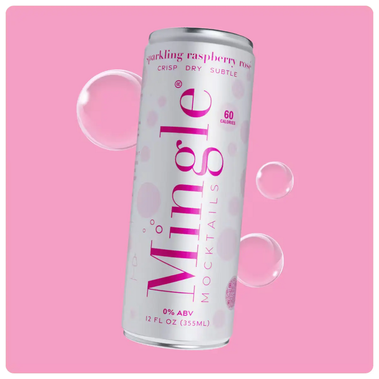 rosé mocktails with raspberry flavor in a sleek white can, labeled 0% ABV & 60 calories on a pink background