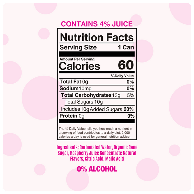 virgin raspberry rosé nutrition facts showing 60 calories, 4% juice, and 0% alcohol on a pink background