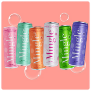 Canned mocktails in colorful Mingle packaging with various flavors on a pink background.