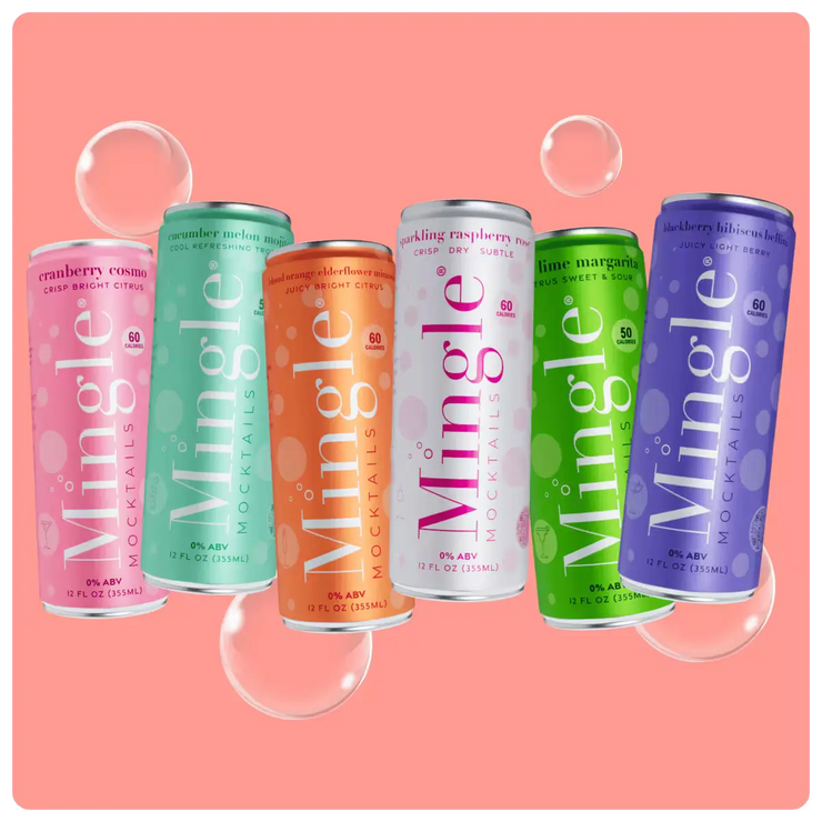 Canned mocktails in colorful Mingle packaging with various flavors on a pink background.