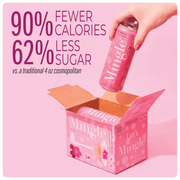 cranberry cosmo mocktail can being placed into a pink box, highlighting lower calorie and sugar content