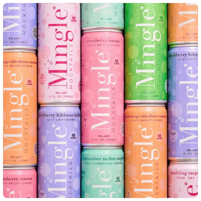 Rows of colorful Mingle Mocktails cans showcasing different flavors, stacked closely together with vibrant packaging