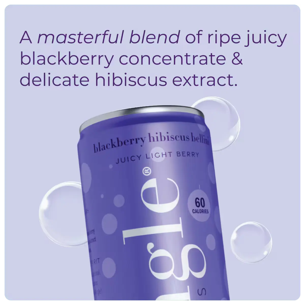 Close-up of Mingle blackberry bellini mocktail can with text highlighting blackberry & hibiscus flavors