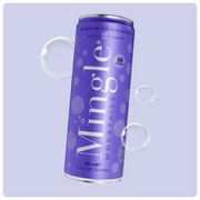 Purple can of Mingle blackberry hibiscus bellini mocktail with bubbles on a light background