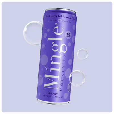 Purple can of Mingle blackberry hibiscus bellini mocktail with bubbles on a light background