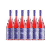 Mingle Mocktails Blackberry Hibiscus Bellini 750ml bottles in a lineup, showcasing a premium non-alcoholic beverage with a bold berry flavor and vibrant packaging.